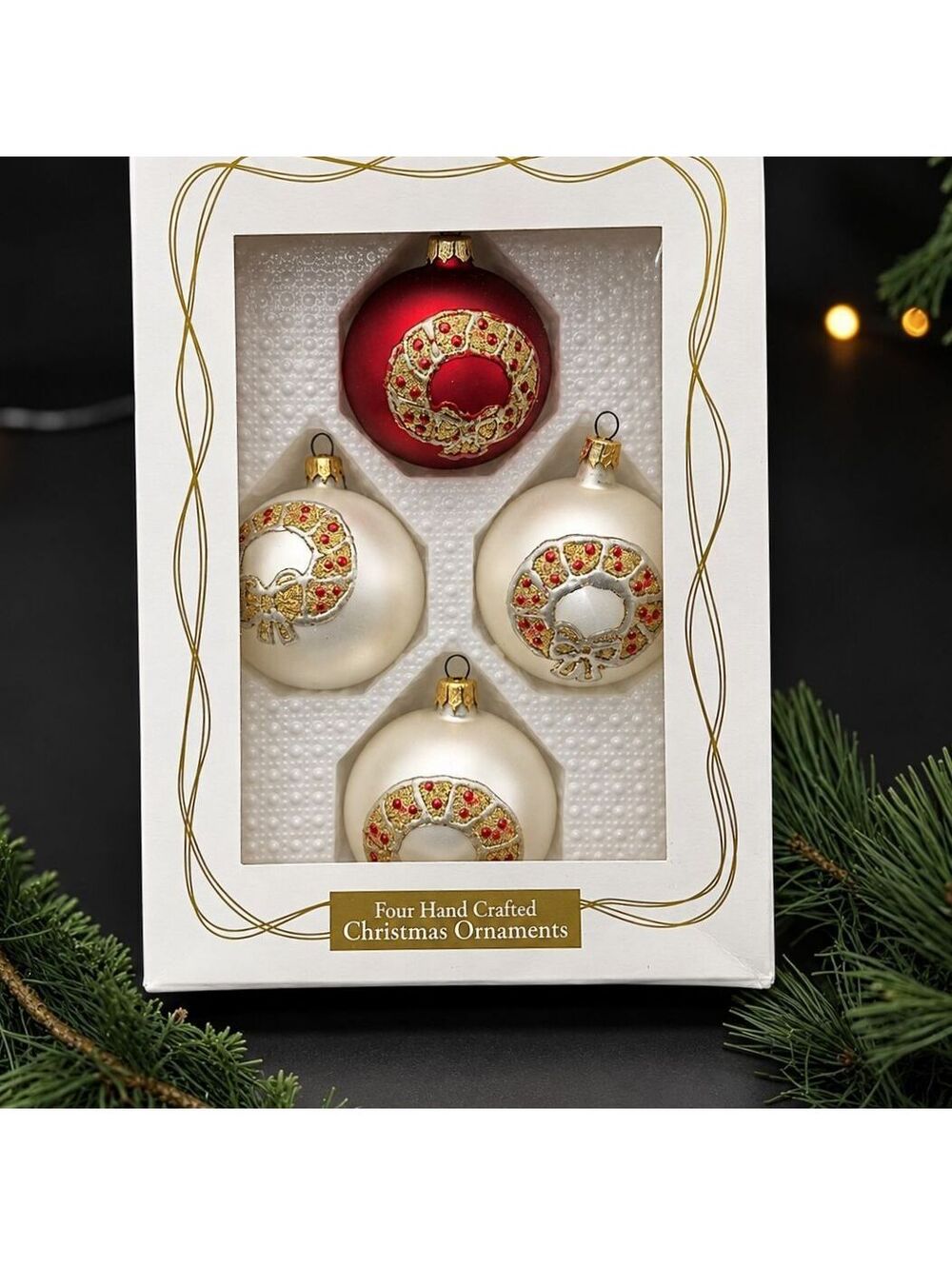 Set of 4 vtg Glass Christmas Ornaments Red White Gold Wreath Holiday Balls Boxed